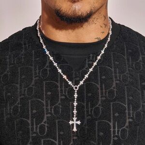 Silver & rare Rosary Cross Pendant Necklace 20 inches. What a beautiful piece.